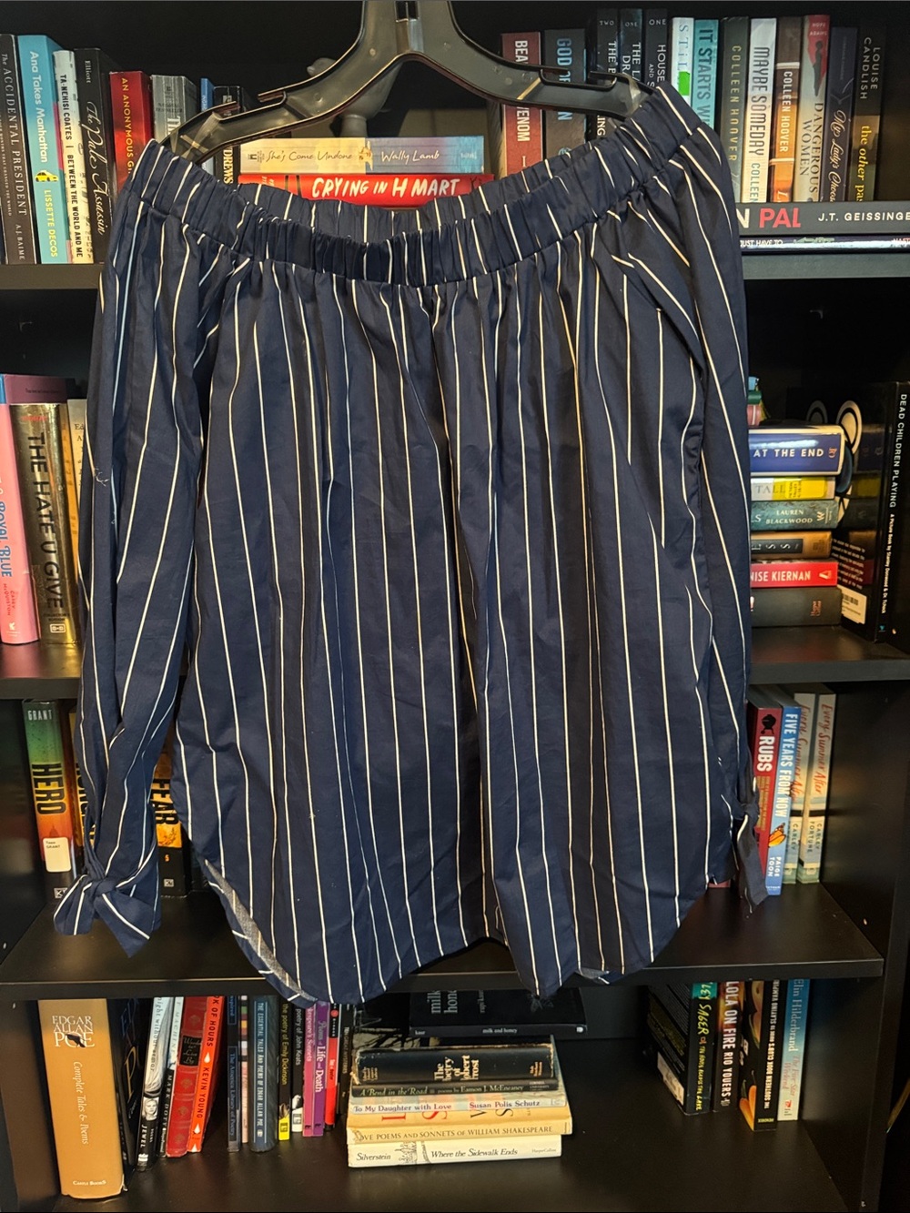 Love- In off the shoulder Navy Blue Pinstripe top